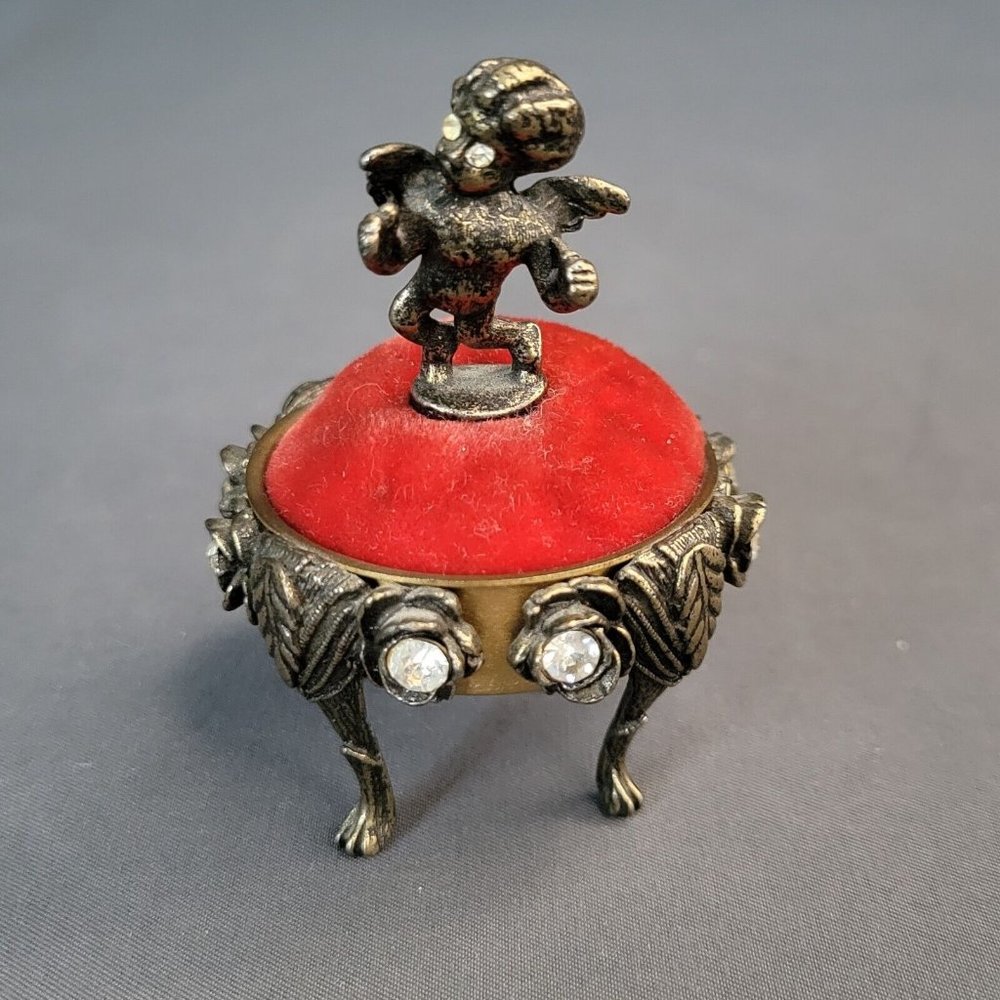Vintage Mini Angel Cherub Figurine Red Velvet Pin Cushion Metal Footed 2.5” x 2"